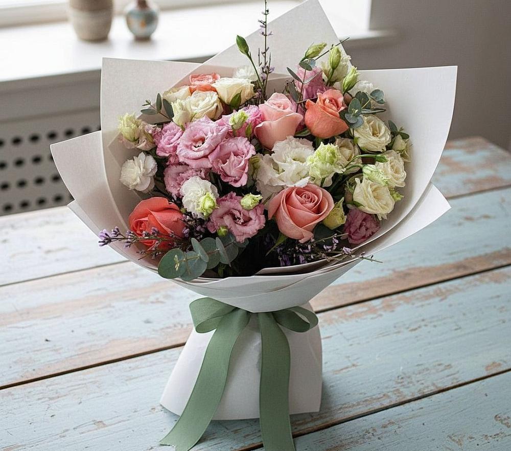 Букет цветов из: Розы, Лизиантусы и Гвоздики в Целине