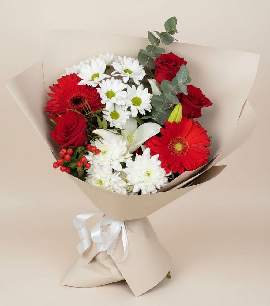 Букет цветов из: Розы, Хризантемы, Герберы и Лилии в Целине
