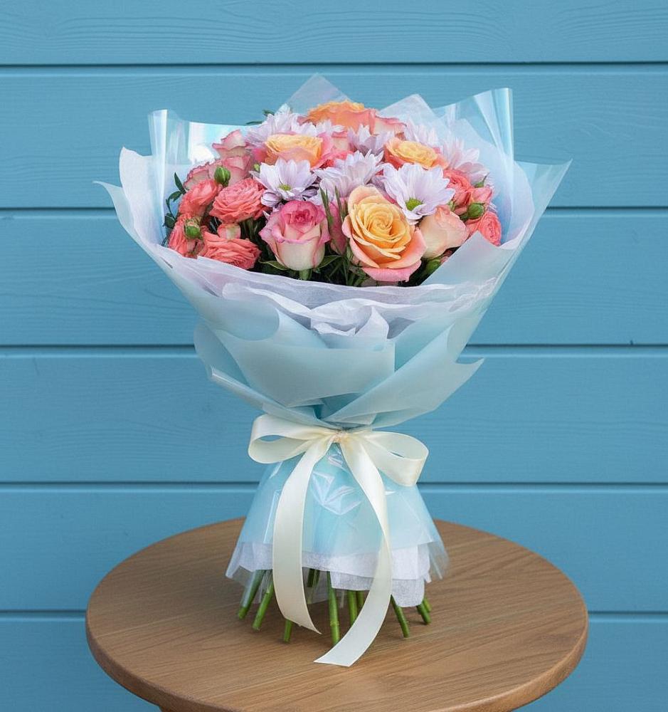 Букет цветов из: Хризантемы и Розы в Целине