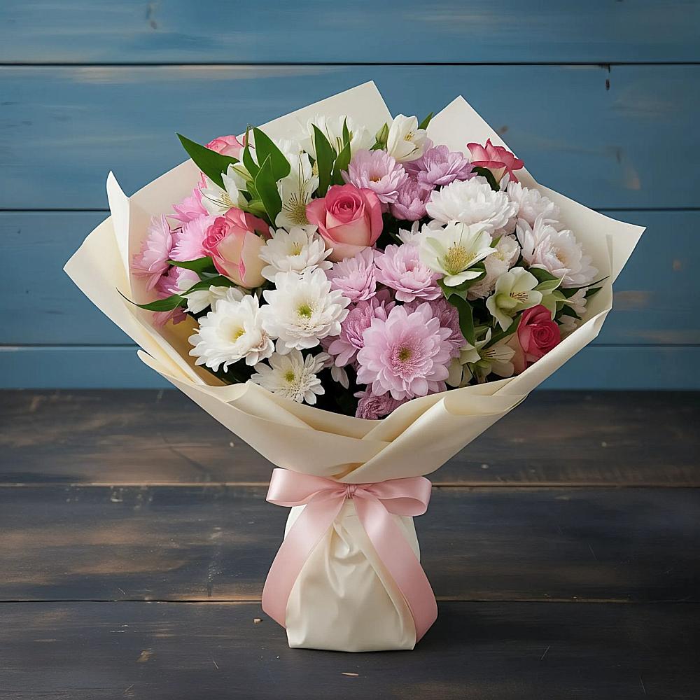 Букет цветов из: Хризантемы, Альстромерии и Розы в Целине